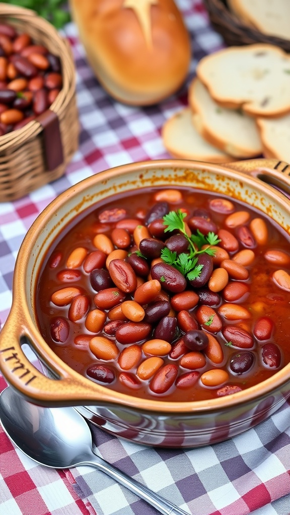 A warm dish of 8-bean baked beans in barbecue sauce, garnished with parsley, on a picnic table.